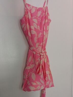 LOFT Pink Leaf-Print Mini Dress with Tie Waist